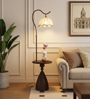 Coral Tree Modern Floor Lamp with Built-in Side Table | Wooden Finish | Fabric Pleated Shade | Ambient Living Room & Bedroom Standing Lamp