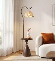 Coral Tree Modern Floor Lamp with Built-in Side Table | Wooden Finish | Fabric Pleated Shade | Ambient Living Room & Bedroom Standing Lamp