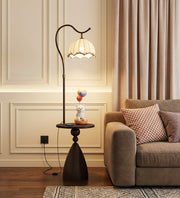 Coral Tree Modern Floor Lamp with Built-in Side Table | Wooden Finish | Fabric Pleated Shade | Ambient Living Room & Bedroom Standing Lamp