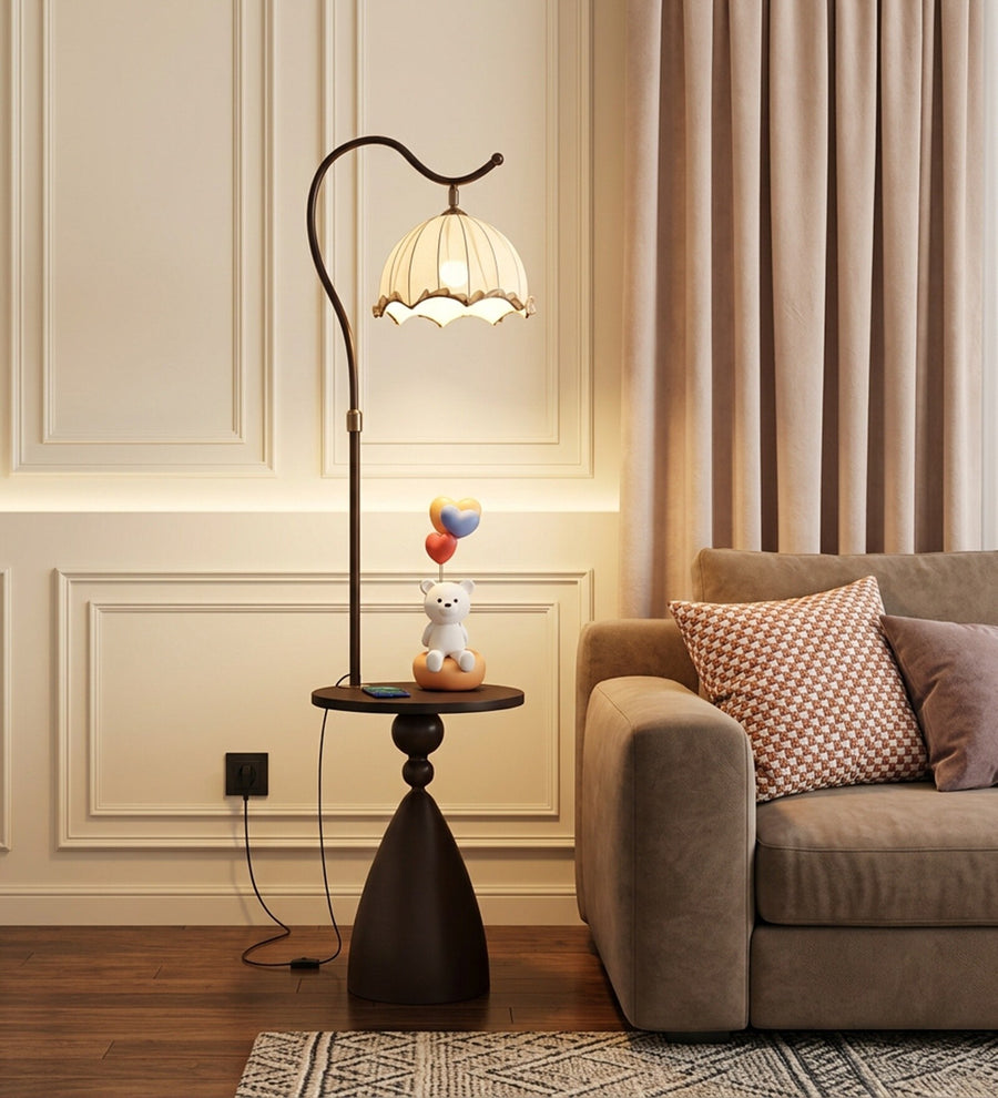 Coral Tree Modern Floor Lamp with Built-in Side Table | Wooden Finish | Fabric Pleated Shade | Ambient Living Room & Bedroom Standing Lamp