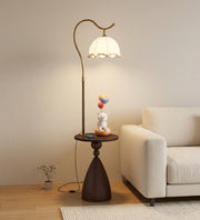 Coral Tree Modern Floor Lamp with Built-in Side Table | Wooden Finish | Fabric Pleated Shade | Ambient Living Room & Bedroom Standing Lamp