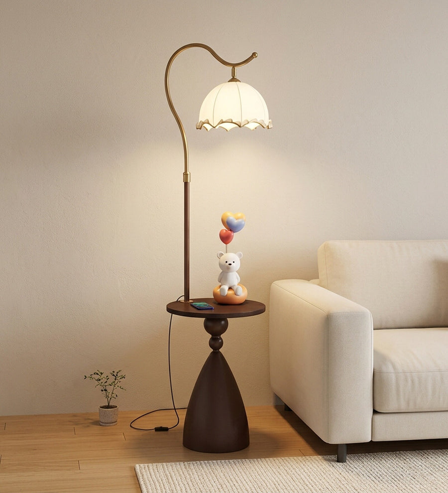 Coral Tree Modern Floor Lamp with Built-in Side Table | Wooden Finish | Fabric Pleated Shade | Ambient Living Room & Bedroom Standing Lamp