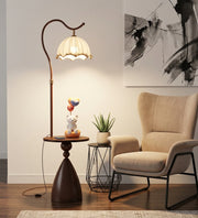 Coral Tree Modern Floor Lamp with Built-in Side Table | Wooden Finish | Fabric Pleated Shade | Ambient Living Room & Bedroom Standing Lamp