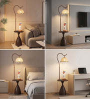 Coral Tree Modern Floor Lamp with Built-in Side Table | Wooden Finish | Fabric Pleated Shade | Ambient Living Room & Bedroom Standing Lamp