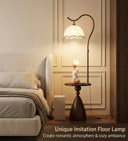 Coral Tree Modern Floor Lamp with Built-in Side Table | Wooden Finish | Fabric Pleated Shade | Ambient Living Room & Bedroom Standing Lamp