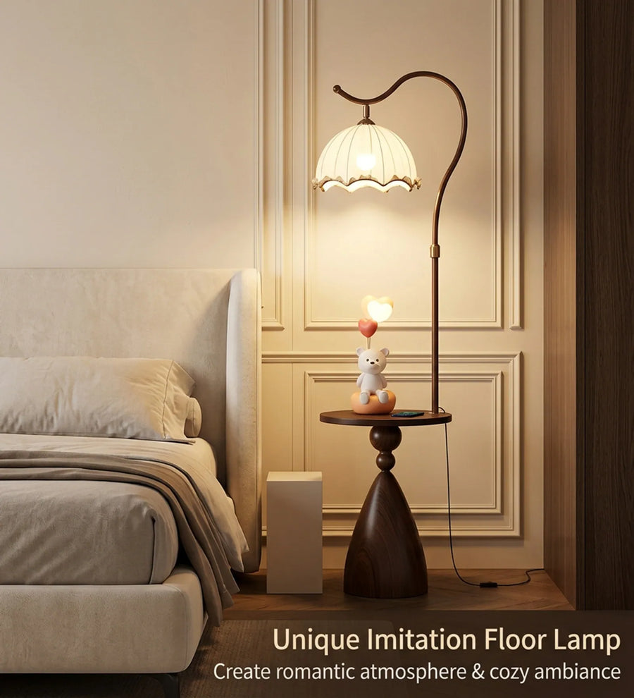 Coral Tree Modern Floor Lamp with Built-in Side Table | Wooden Finish | Fabric Pleated Shade | Ambient Living Room & Bedroom Standing Lamp