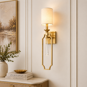 Coral Tree Modern Brass Wall Light with White Linen Lamp Shade & Crystal Drop | Decorative Metal Wall Sconce with E-27 Holder | Luxury Bedside & Living Room Wall Lamp | 65 CM Height