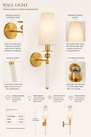 Modern Gold Finish Wall Light with Fabric Shade & Acrylic Body | E-27 Holder Decorative Bedside Wall Lamp | 60 CM Height