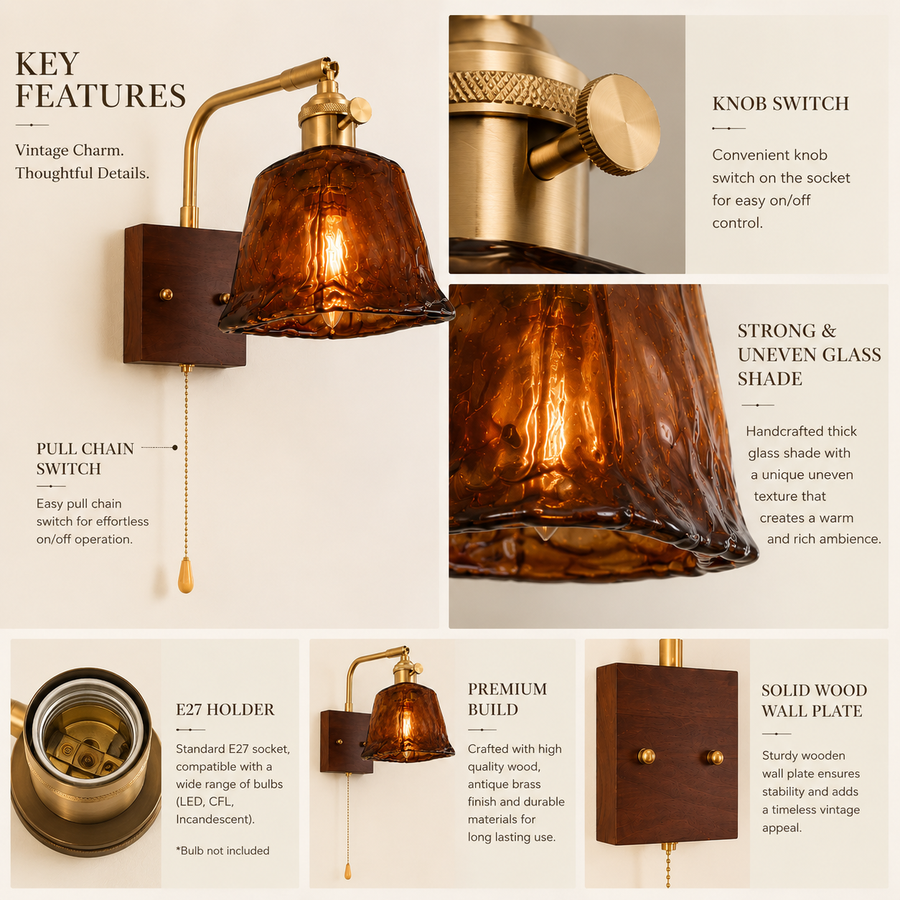 Vintage Amber Glass Wall Light with Pull Chain & Knob Switch | Antique Brass Finish | Wooden Base | E-27 Holder Bedside & Living Room Wall Lamp