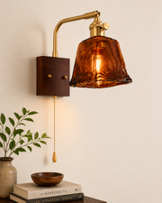 Vintage Amber Glass Wall Light with Pull Chain & Knob Switch | Antique Brass Finish | Wooden Base | E-27 Holder Bedside & Living Room Wall Lamp