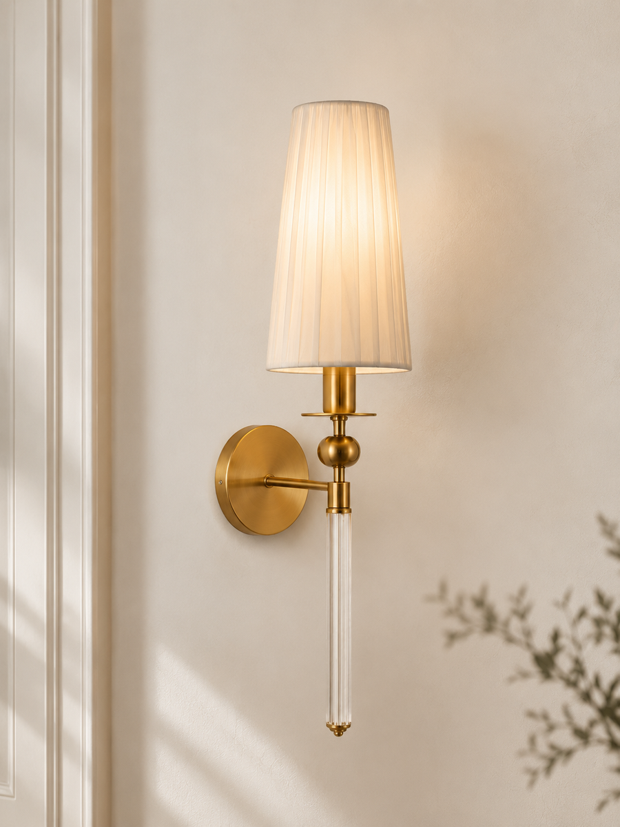 Modern Gold Finish Wall Light with Fabric Shade & Acrylic Body | E-27 Holder Decorative Bedside Wall Lamp | 60 CM Height