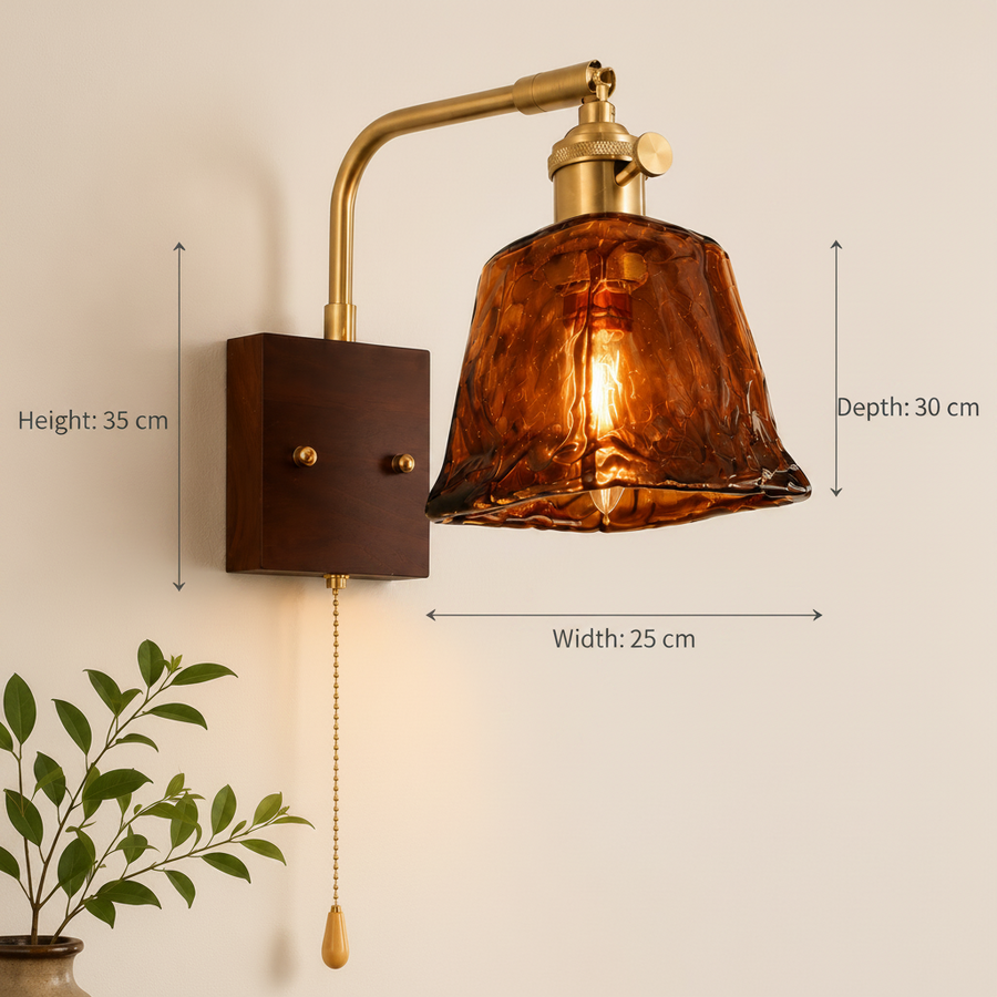 Vintage Amber Glass Wall Light with Pull Chain & Knob Switch | Antique Brass Finish | Wooden Base | E-27 Holder Bedside & Living Room Wall Lamp