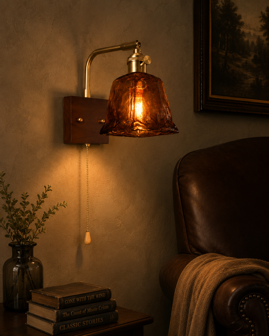 Vintage Amber Glass Wall Light with Pull Chain & Knob Switch | Antique Brass Finish | Wooden Base | E-27 Holder Bedside & Living Room Wall Lamp