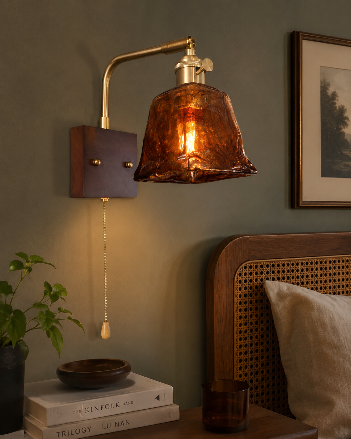 Vintage Amber Glass Wall Light with Pull Chain & Knob Switch | Antique Brass Finish | Wooden Base | E-27 Holder Bedside & Living Room Wall Lamp