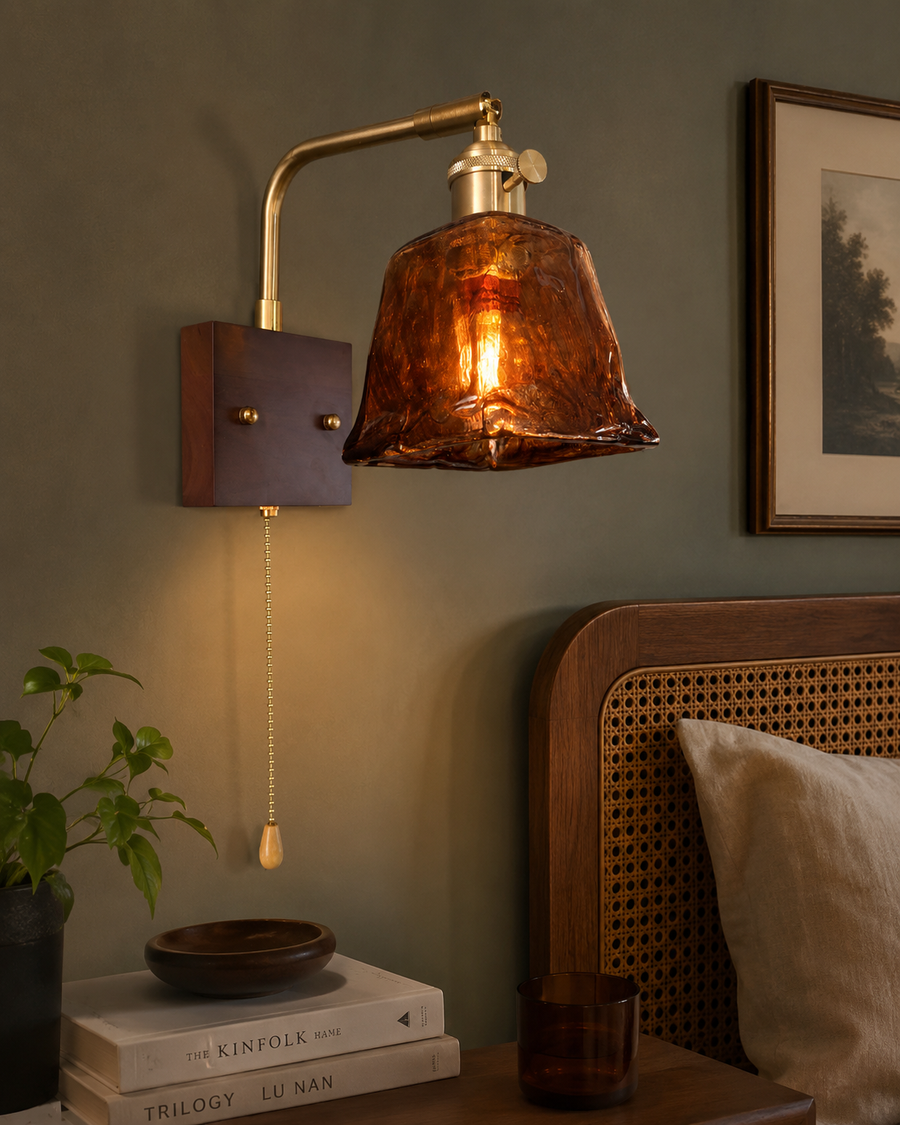 Vintage Amber Glass Wall Light with Pull Chain & Knob Switch | Antique Brass Finish | Wooden Base | E-27 Holder Bedside & Living Room Wall Lamp