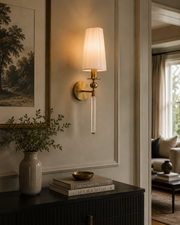 Modern Gold Finish Wall Light with Fabric Shade & Acrylic Body | E-27 Holder Decorative Bedside Wall Lamp | 60 CM Height