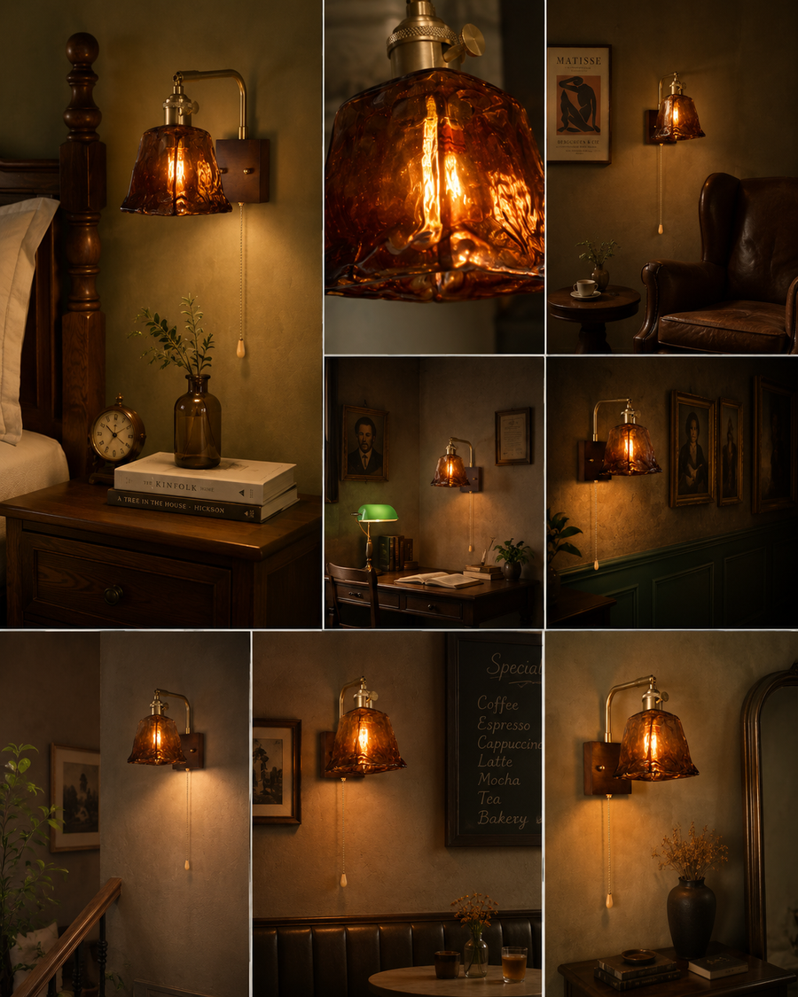 Vintage Amber Glass Wall Light with Pull Chain & Knob Switch | Antique Brass Finish | Wooden Base | E-27 Holder Bedside & Living Room Wall Lamp