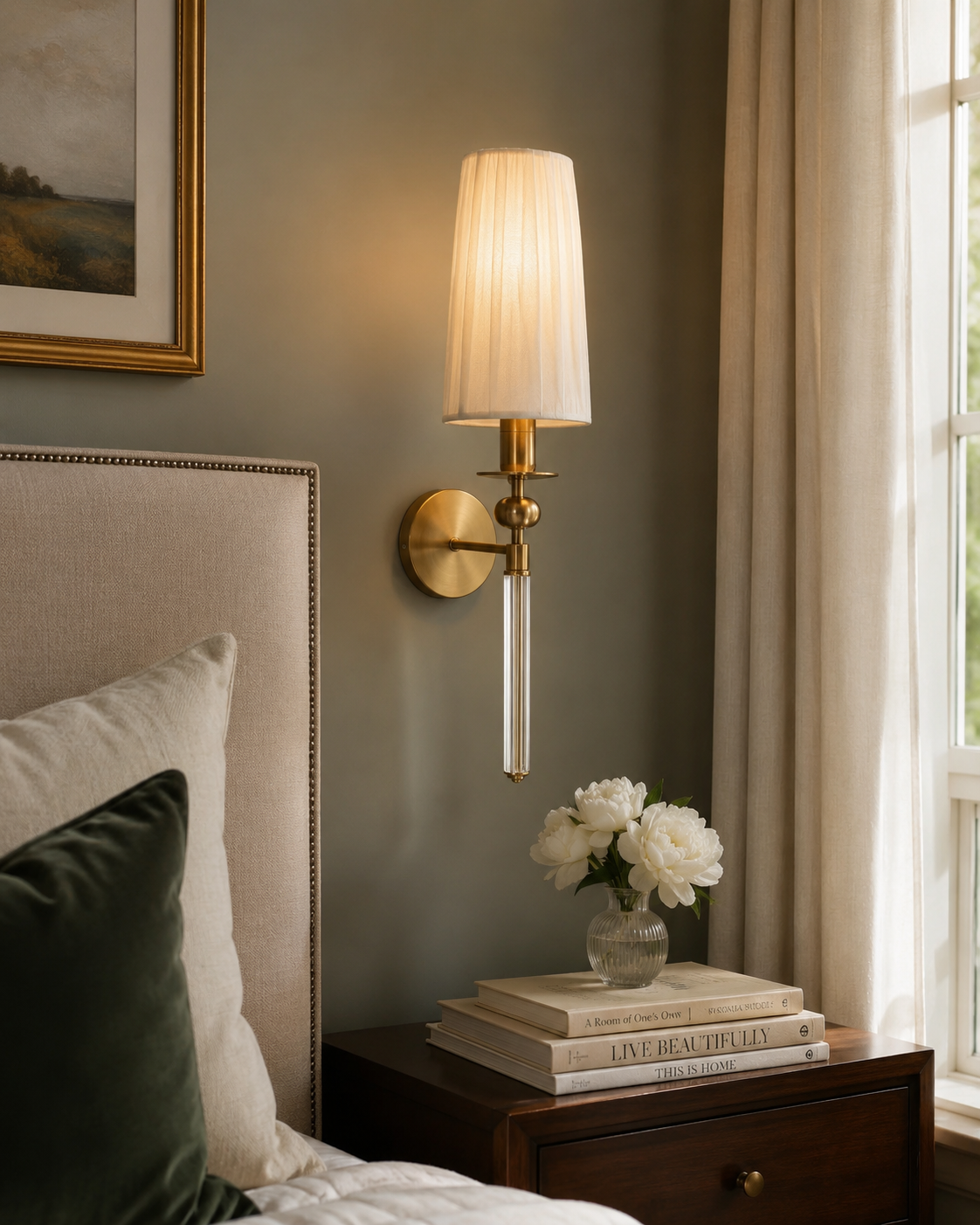 Modern Gold Finish Wall Light with Fabric Shade & Acrylic Body | E-27 Holder Decorative Bedside Wall Lamp | 60 CM Height