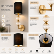 Modern Brass Wall Light with Ribbed Glass Ball & Black Linen Shade | Metal Body Wall Sconce for Bedroom, Living Room & Hallway | E-27 Bulb Holder | 45 cm