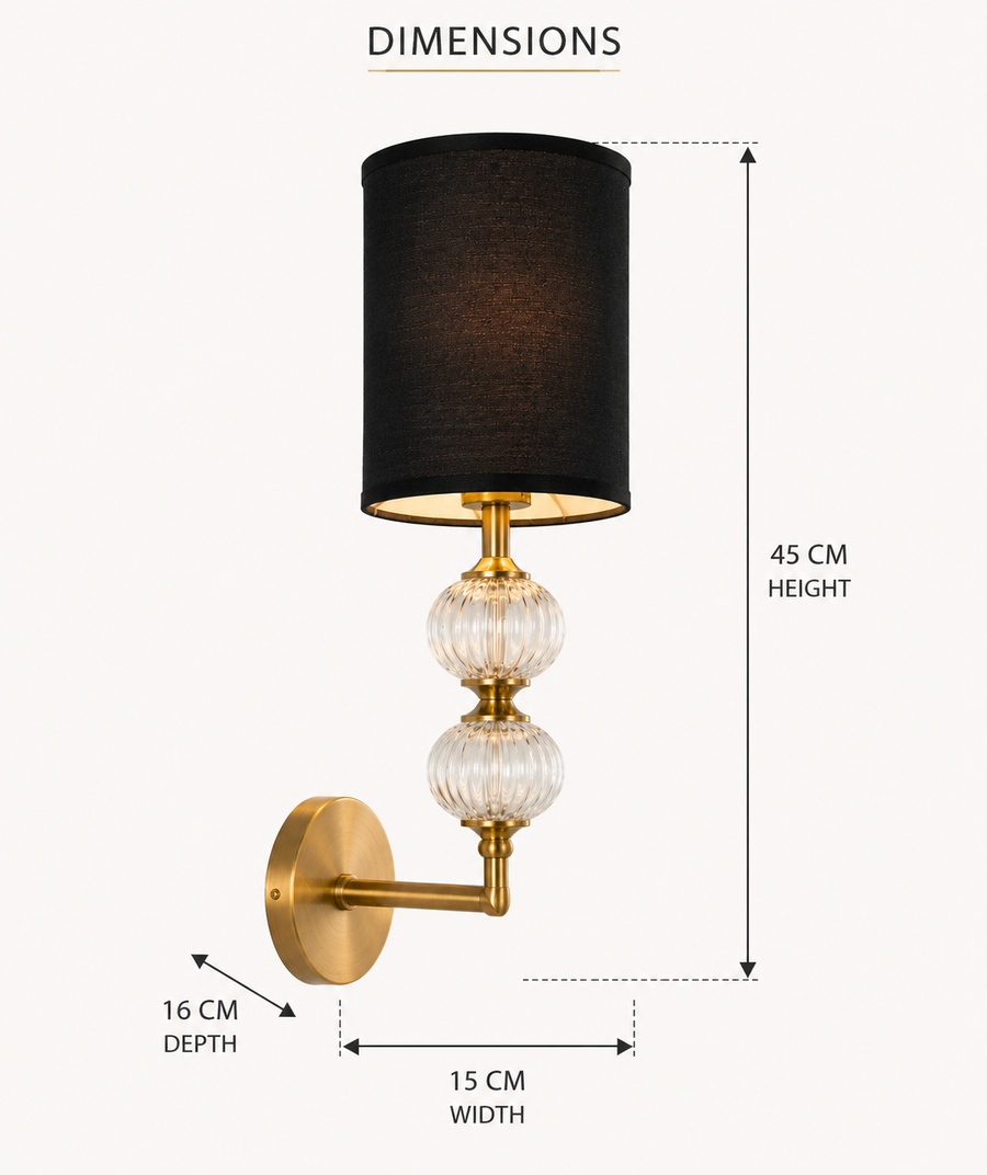 Modern Brass Wall Light with Ribbed Glass Ball & Black Linen Shade | Metal Body Wall Sconce for Bedroom, Living Room & Hallway | E-27 Bulb Holder | 45 cm