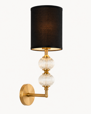 Modern Brass Wall Light with Ribbed Glass Ball & Black Linen Shade | Metal Body Wall Sconce for Bedroom, Living Room & Hallway | E-27 Bulb Holder | 45 cm
