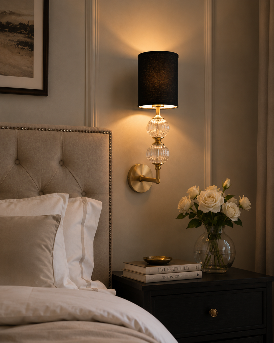 Modern Brass Wall Light with Ribbed Glass Ball & Black Linen Shade | Metal Body Wall Sconce for Bedroom, Living Room & Hallway | E-27 Bulb Holder | 45 cm