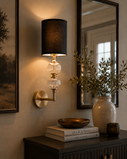 Modern Brass Wall Light with Ribbed Glass Ball & Black Linen Shade | Metal Body Wall Sconce for Bedroom, Living Room & Hallway | E-27 Bulb Holder | 45 cm