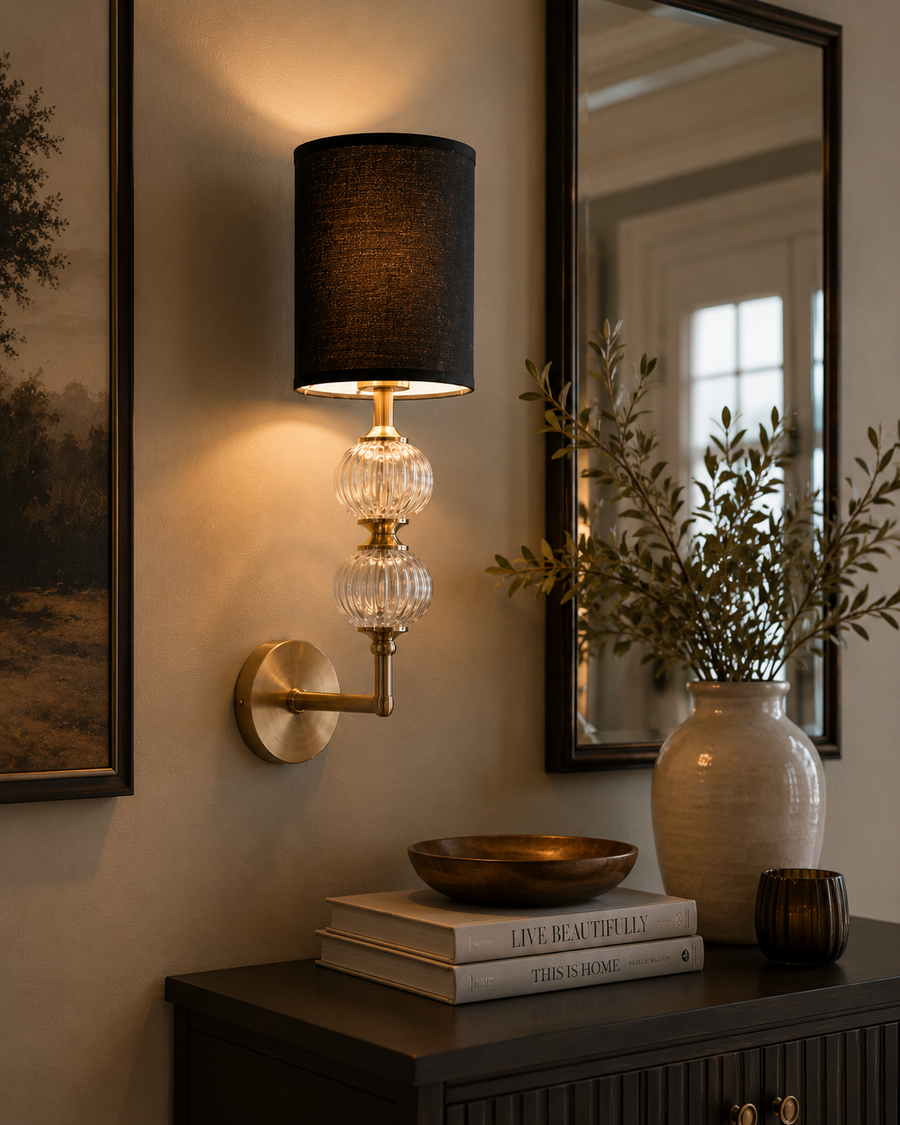 Modern Brass Wall Light with Ribbed Glass Ball & Black Linen Shade | Metal Body Wall Sconce for Bedroom, Living Room & Hallway | E-27 Bulb Holder | 45 cm