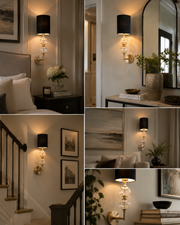 Modern Brass Wall Light with Ribbed Glass Ball & Black Linen Shade | Metal Body Wall Sconce for Bedroom, Living Room & Hallway | E-27 Bulb Holder | 45 cm