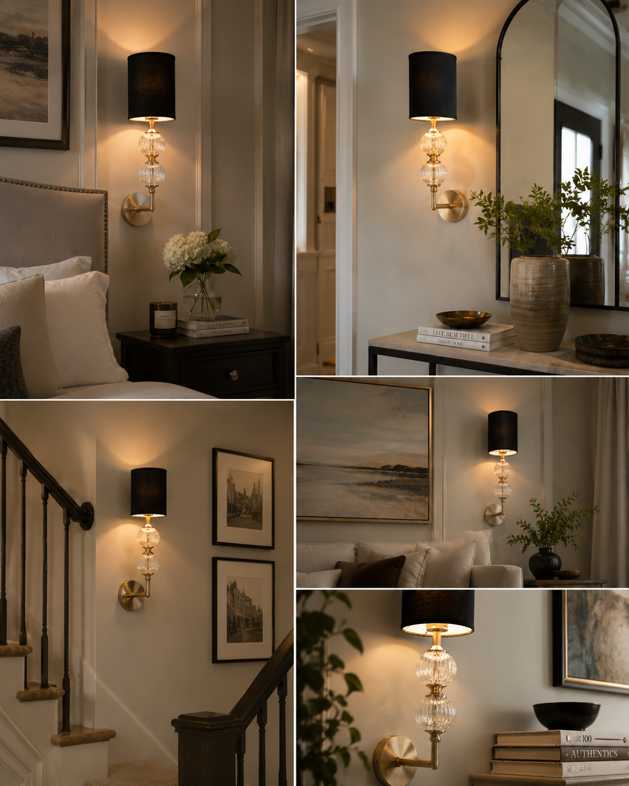 Modern Brass Wall Light with Ribbed Glass Ball & Black Linen Shade | Metal Body Wall Sconce for Bedroom, Living Room & Hallway | E-27 Bulb Holder | 45 cm