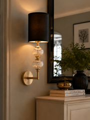 Modern Brass Wall Light with Ribbed Glass Ball & Black Linen Shade | Metal Body Wall Sconce for Bedroom, Living Room & Hallway | E-27 Bulb Holder | 45 cm
