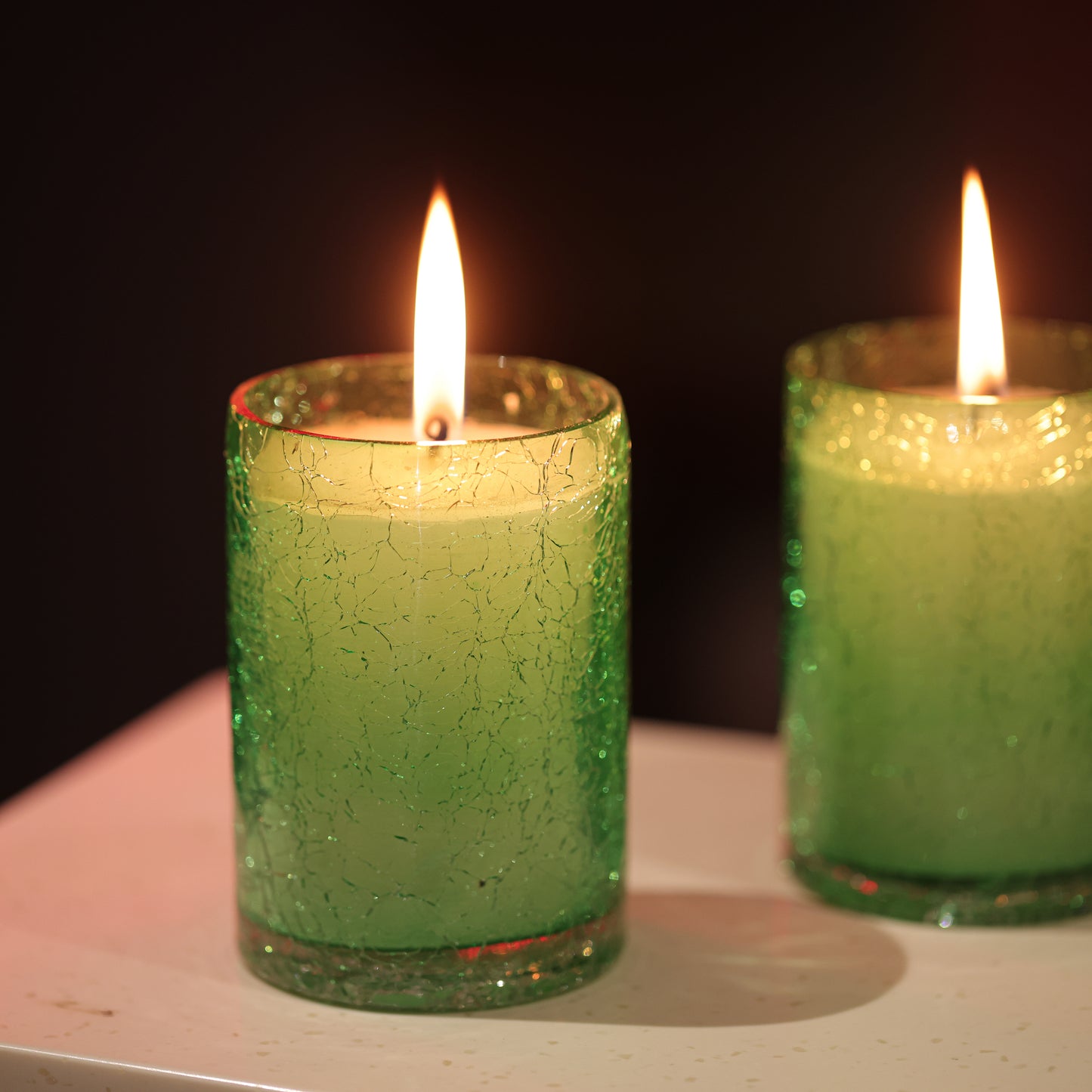 Green Crackle Glass Candle Set of 3