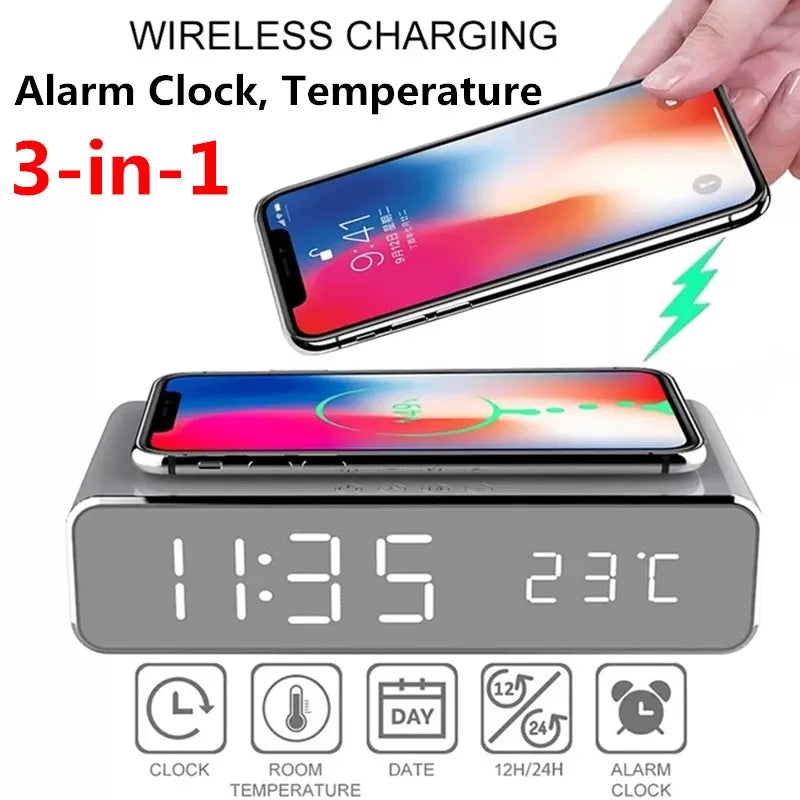 Wireless Charging Digital Alarm Clock with Digital Thermometer