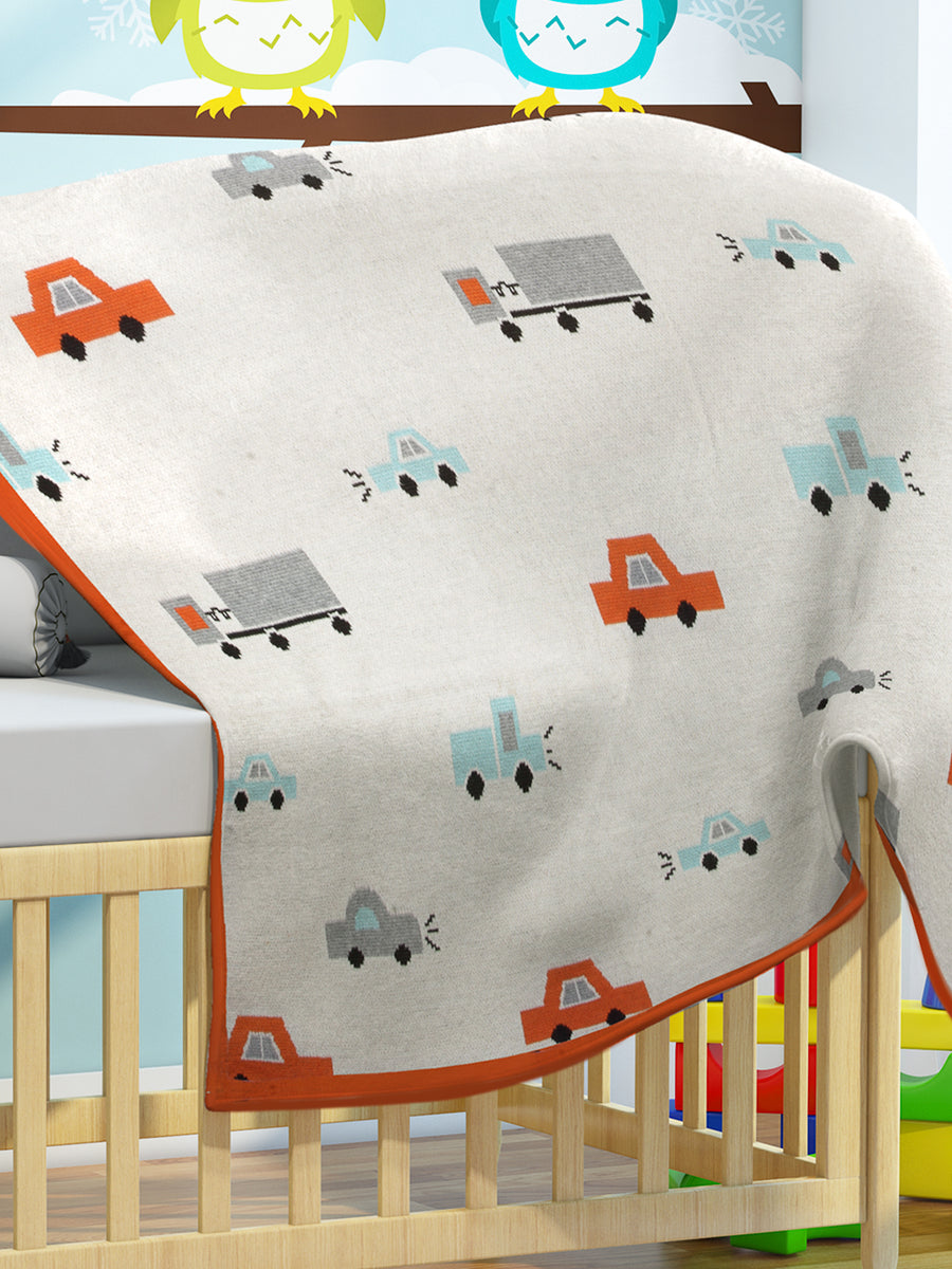 Car Stroll - Ivory, Bright Orange & Light Grey Melange Color Cotton Knitted Throw / AC Blanket for Kids / Teens for use in all Seasons - Coral Tree 