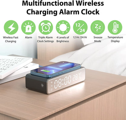 Wireless Charging Digital Alarm Clock with Digital Thermometer