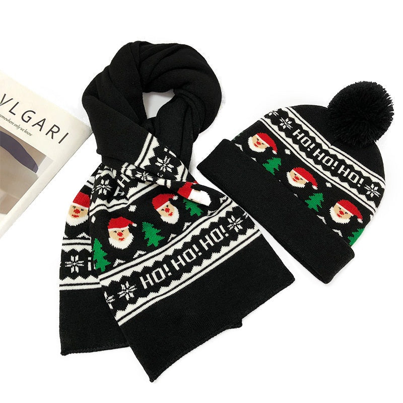 Knitted Christmas Scarf and Cap Set - Black