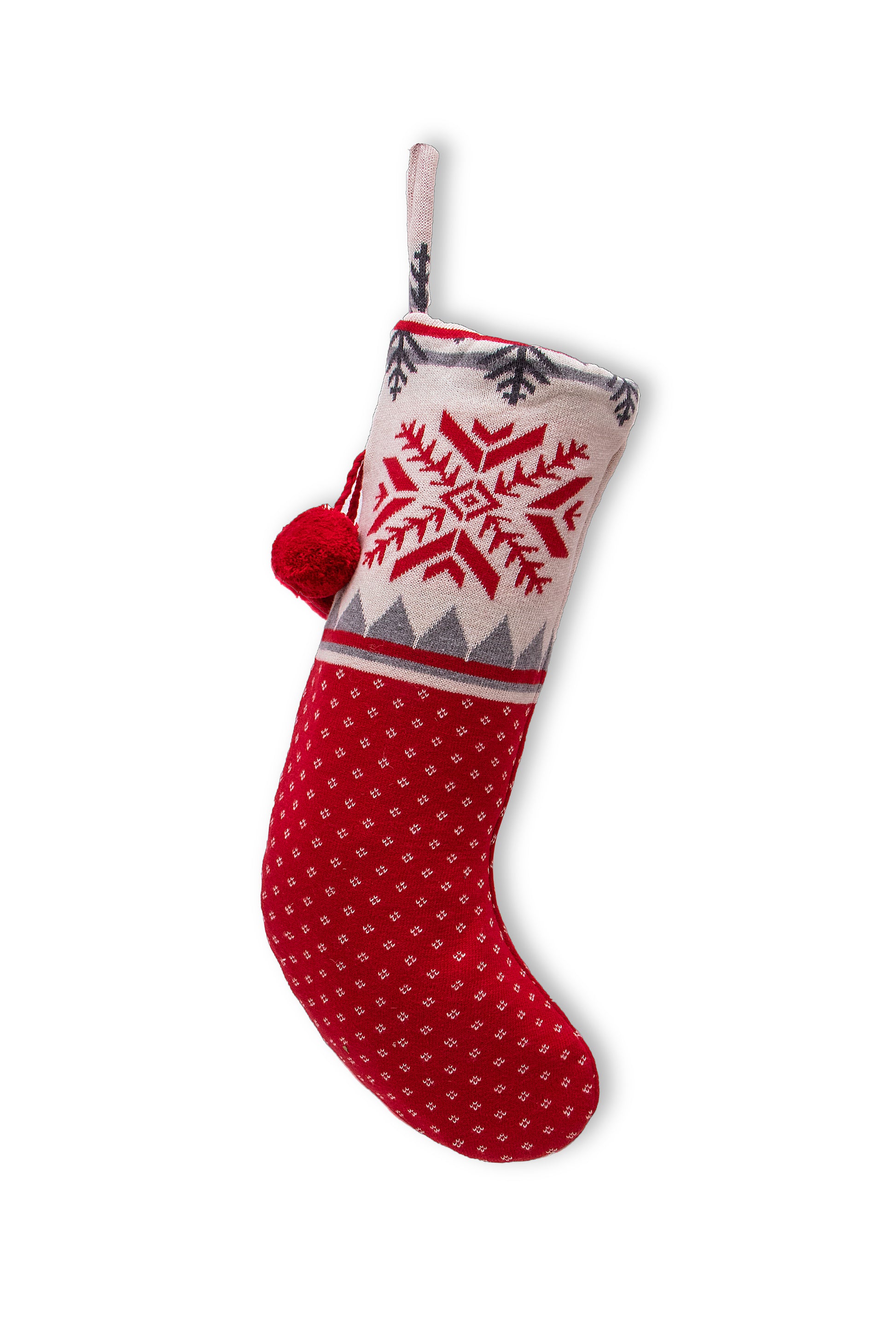 Christmas Stocking- Cotton knitted stocking Red/Natural/Lt Grey Mel/Dk Grey Mel - Coral Tree 