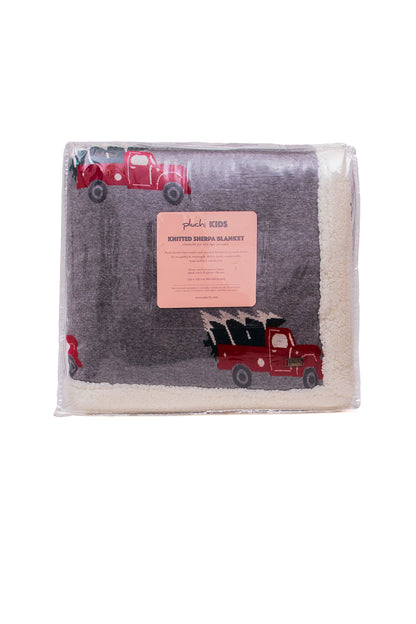 Christmas Truck- Light Grey Red, & Charcoal Green Color Front Cotton Knitted with Sherpa Back Blanket / Throw for Kids - Coral Tree 