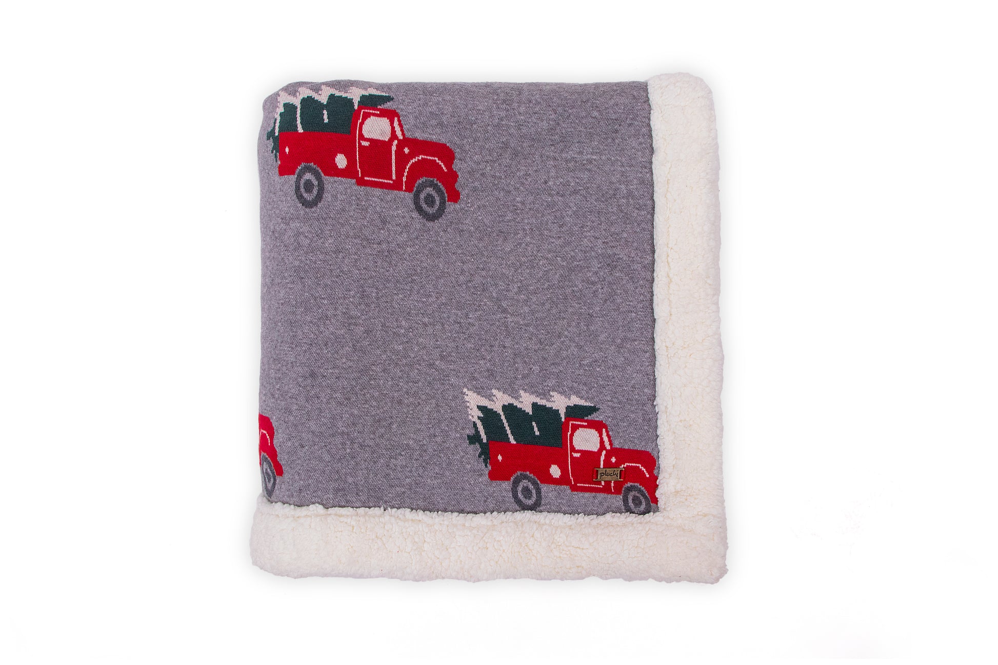 Christmas Truck- Light Grey Red, & Charcoal Green Color Front Cotton Knitted with Sherpa Back Blanket / Throw for Kids - Coral Tree 