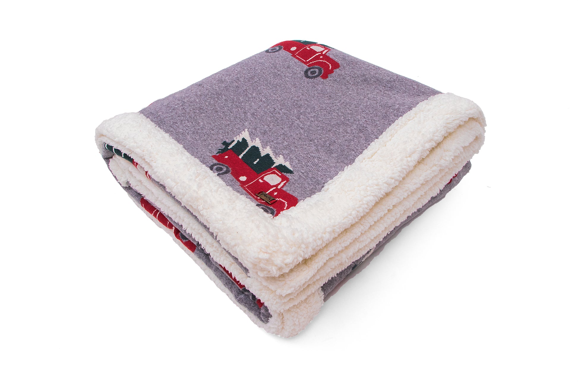Christmas Truck- Light Grey Red, & Charcoal Green Color Front Cotton Knitted with Sherpa Back Blanket / Throw for Kids - Coral Tree 