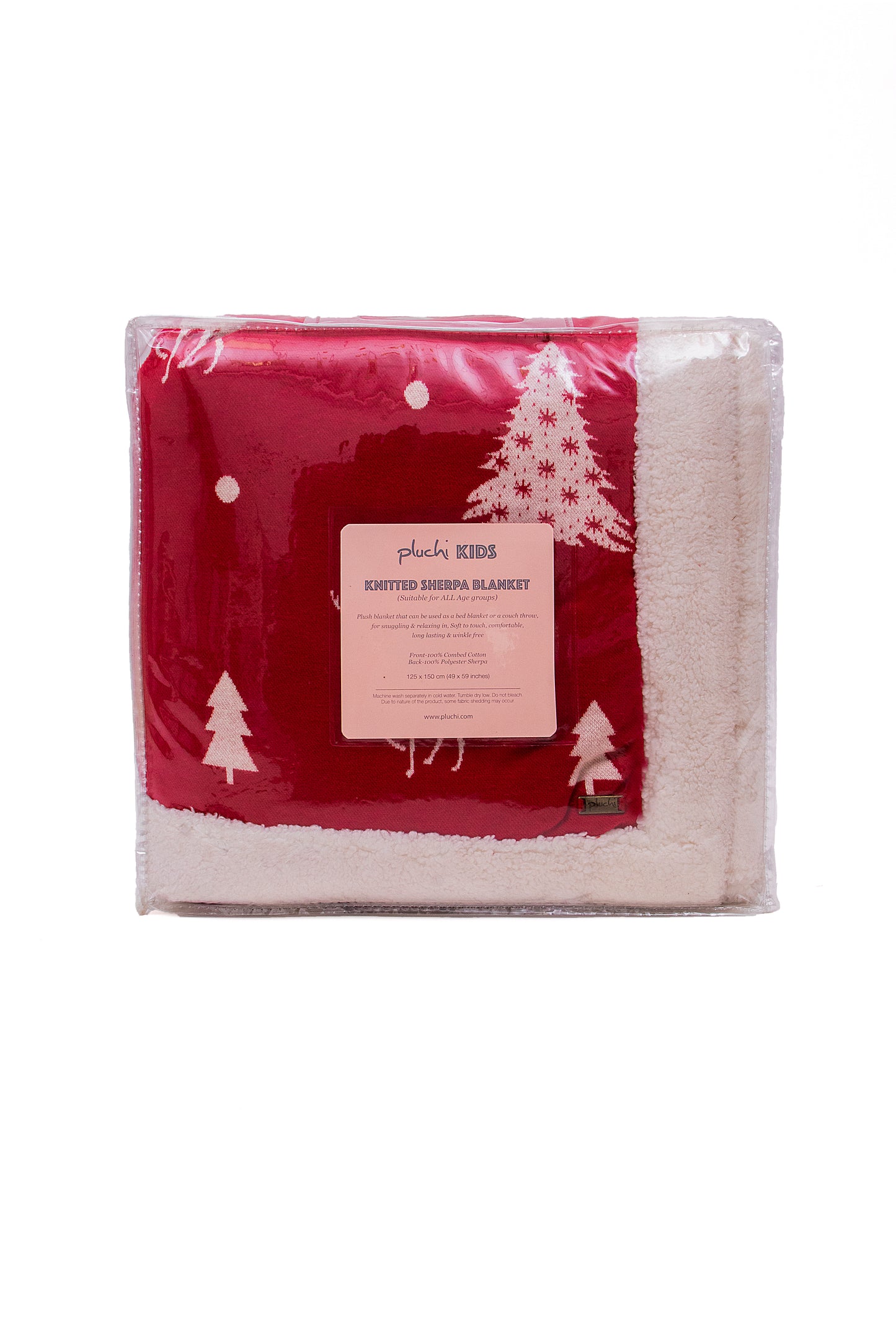 Santa's Reindeer - Red & Ivory Color Front Cotton Knitted with Sherpa Back Blanket / Throw for Kids - Coral Tree 