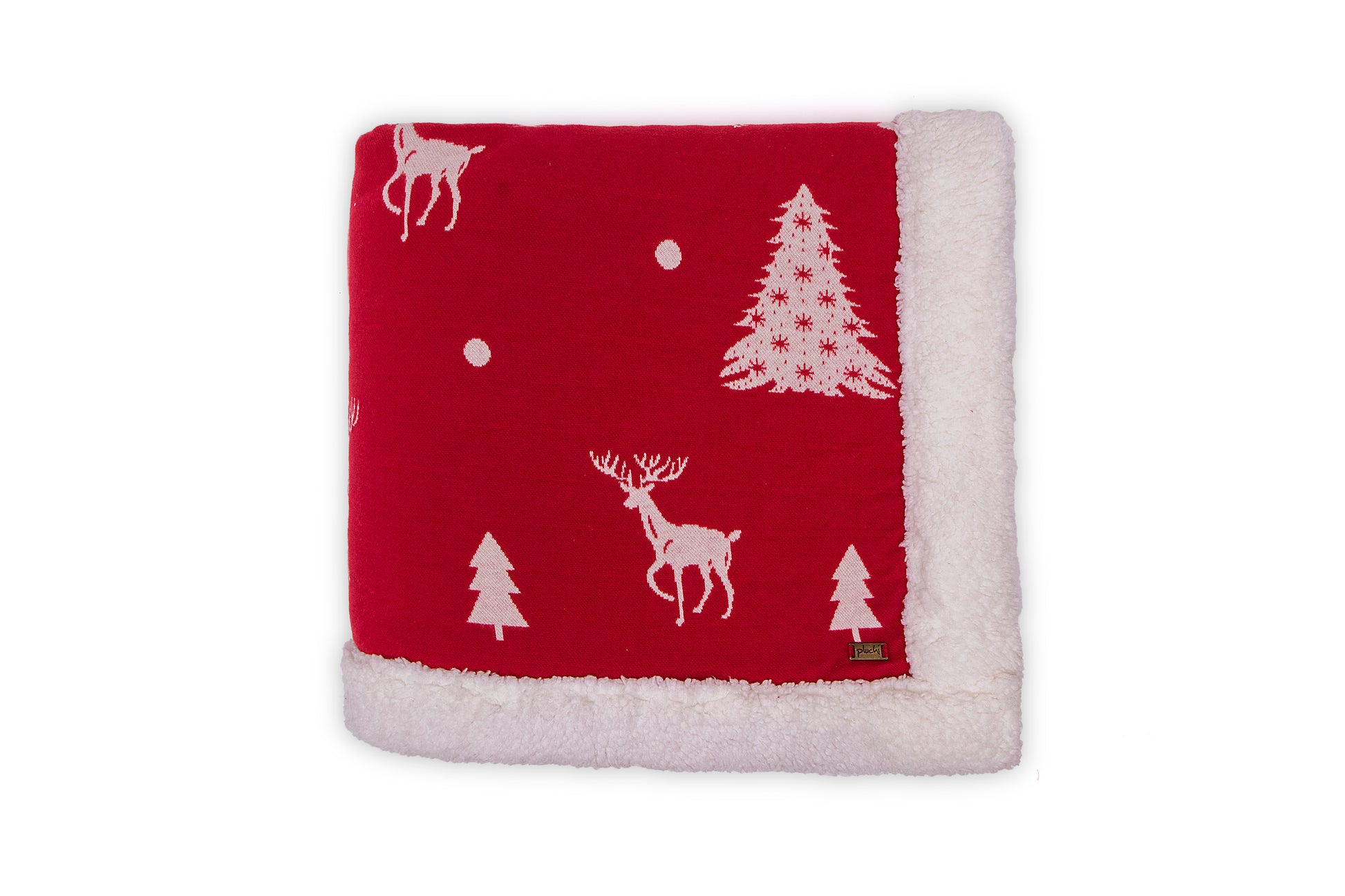 Santa's Reindeer - Red & Ivory Color Front Cotton Knitted with Sherpa Back Blanket / Throw for Kids - Coral Tree 