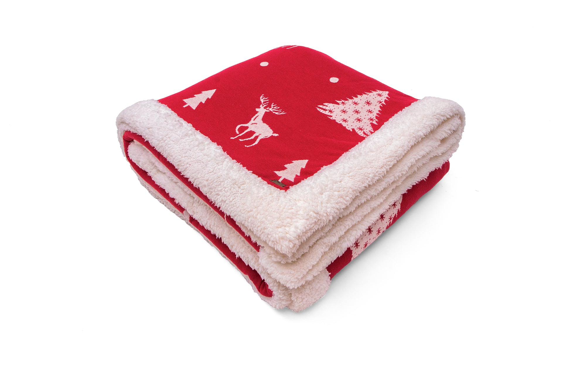 Santa's Reindeer - Red & Ivory Color Front Cotton Knitted with Sherpa Back Blanket / Throw for Kids - Coral Tree 
