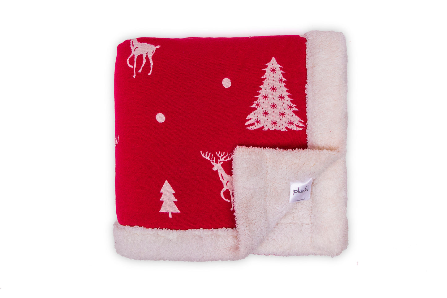 Santa's Reindeer - Red & Ivory Color Front Cotton Knitted with Sherpa Back Blanket / Throw for Kids - Coral Tree 