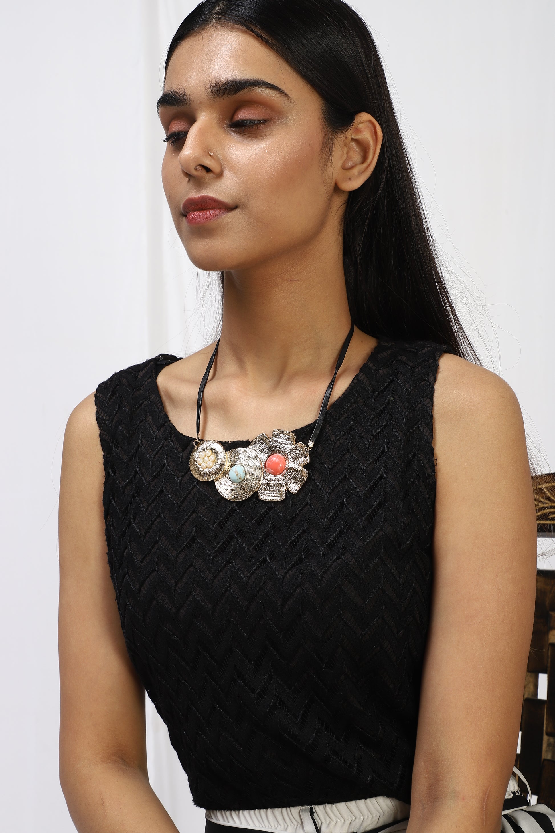 Metal Choker Flower Statement Necklace - Coral Tree 