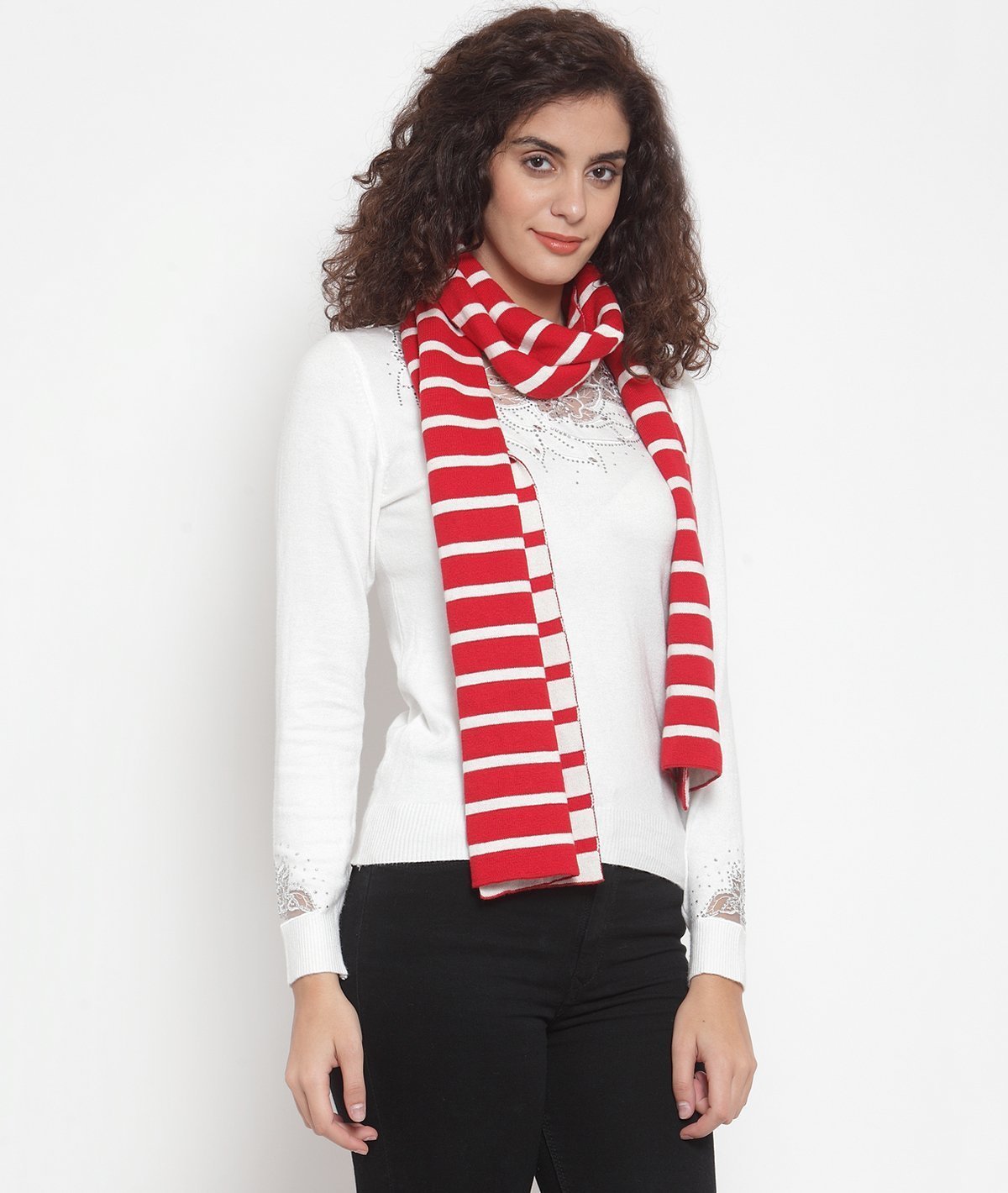 Red & Ivory Striped Cotton Knitted Scarf