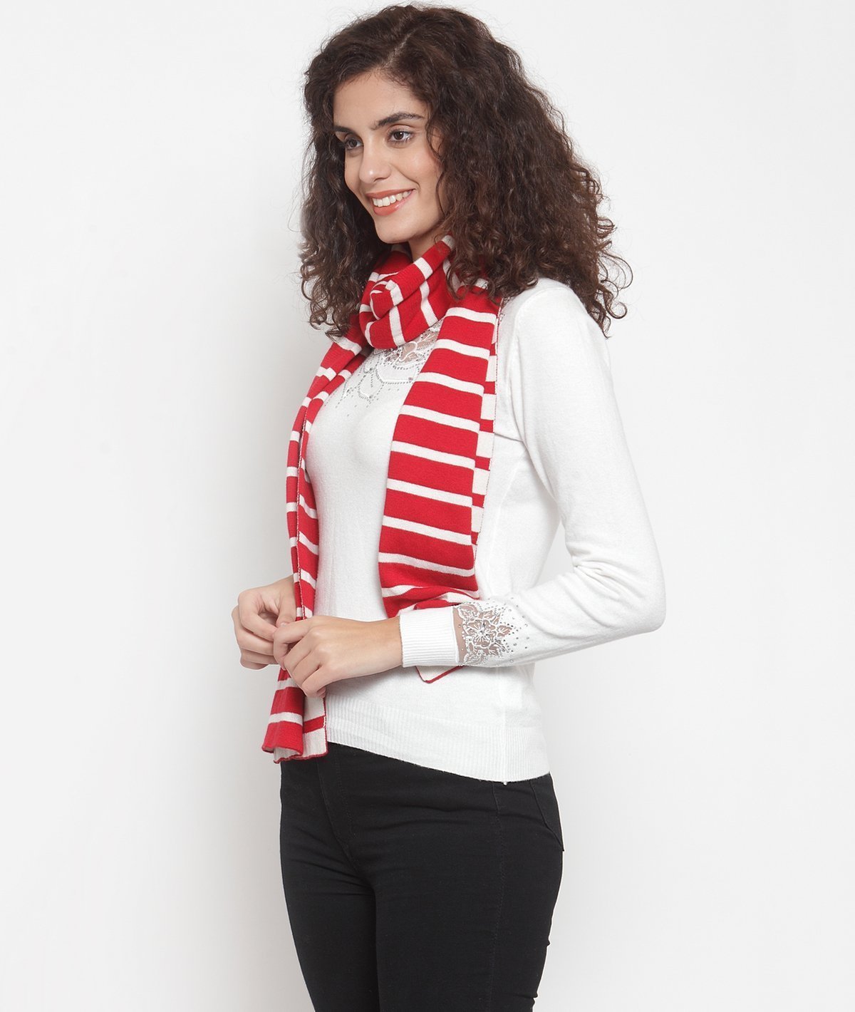 Red & Ivory Striped Cotton Knitted Scarf