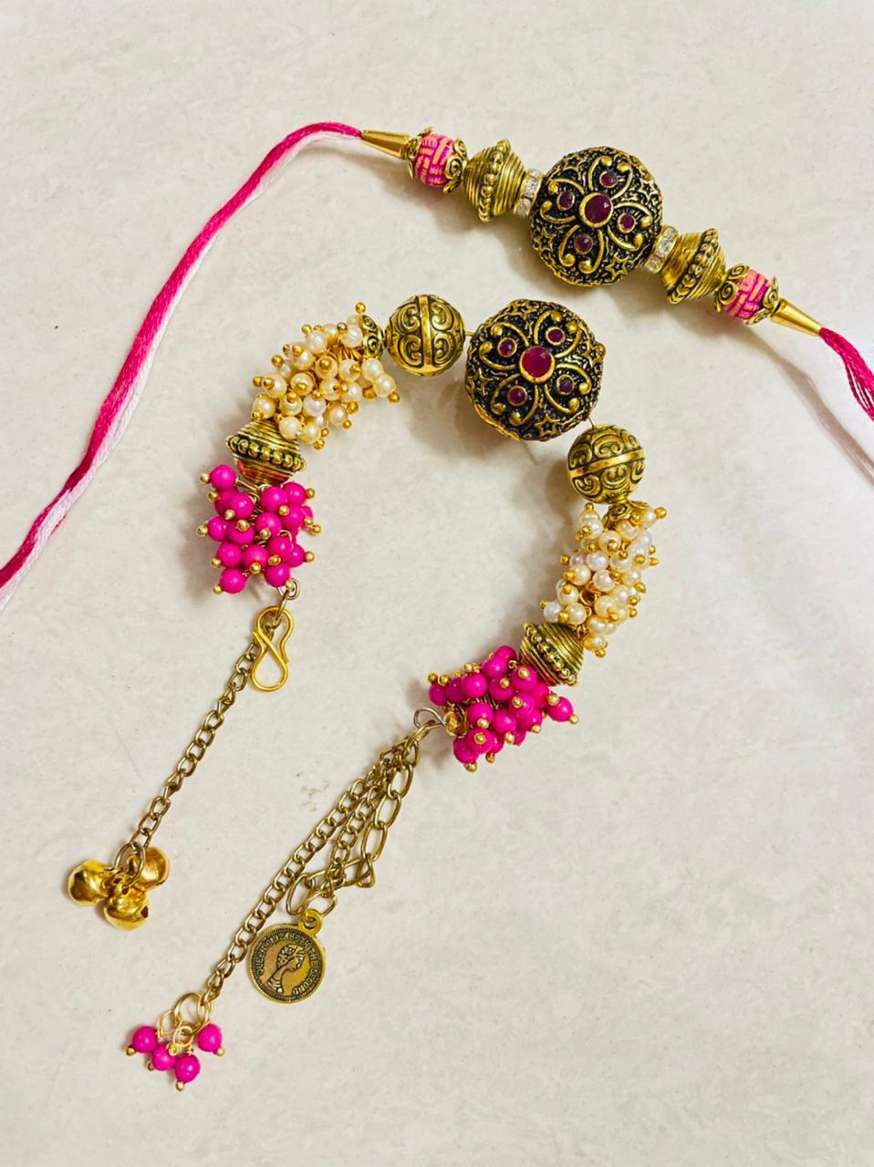 Rustic Golden Motif with Beads Lumba Rakhi Set