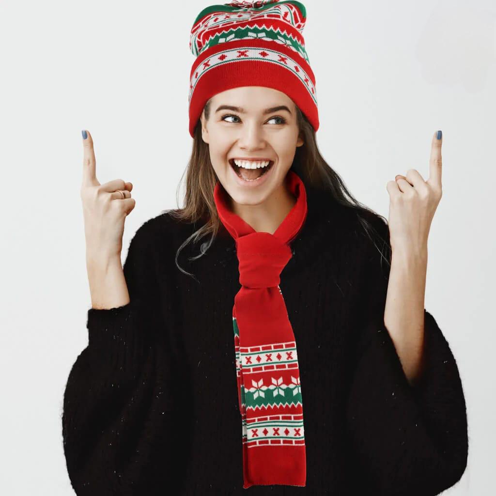 Knitted Christmas Scarf and Cap Set - Red