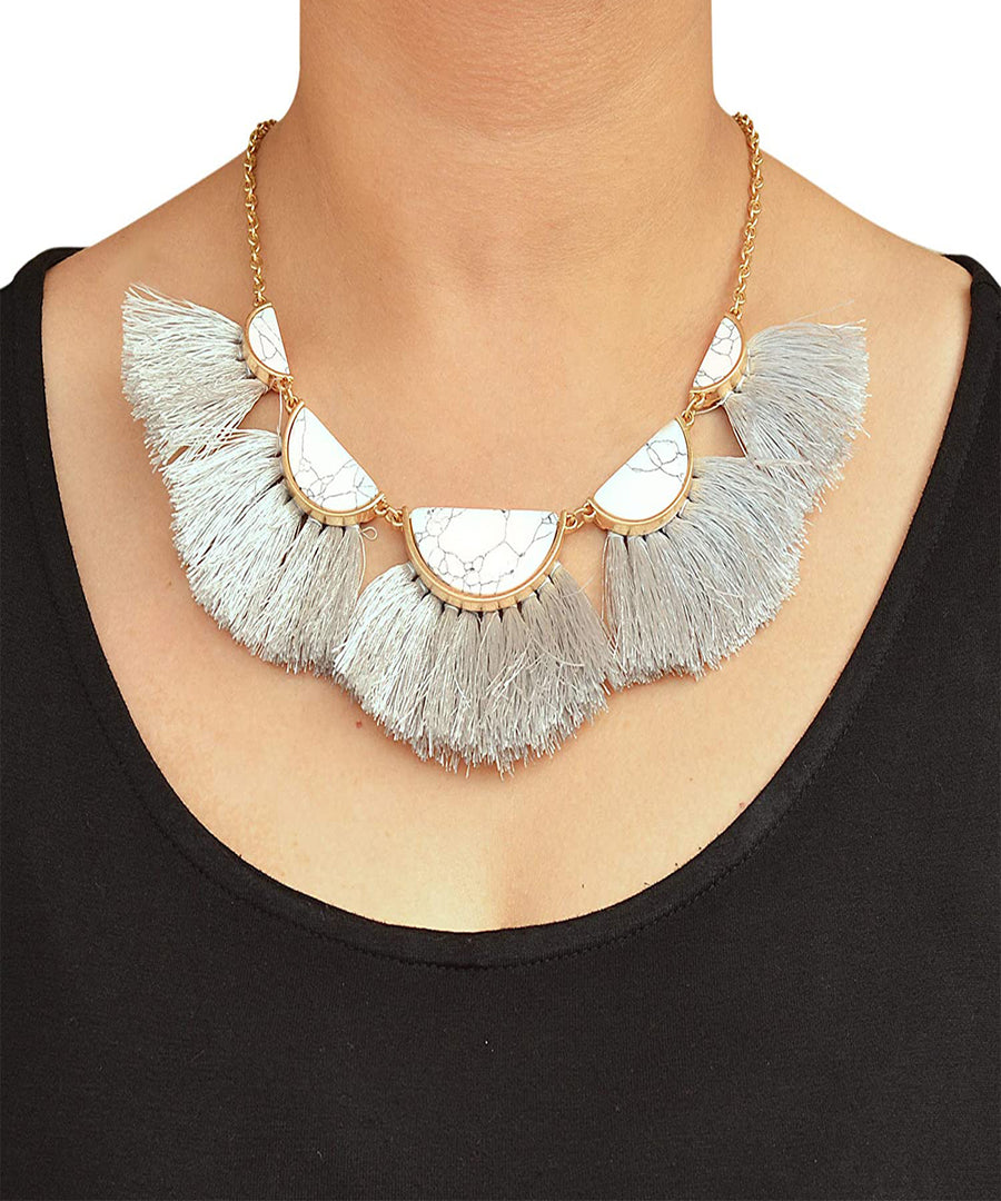 White Semi Circle Marble Necklace with Thread Tassels Jewellery for Women - Coral Tree 